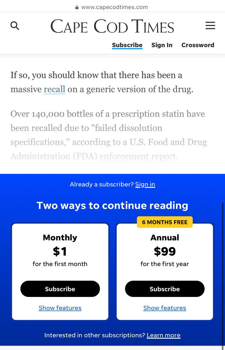 I really shouldn't have to say this <a href="/capecodtimes/">Cape Cod Times</a> but locking a massive medication recall news article under a paywall is an insanely bad and disgusting thing to do...
