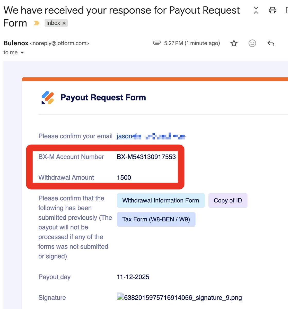 Screenshot of a $3,000 payout request from Bulenox posted by @zerodayjay on X
