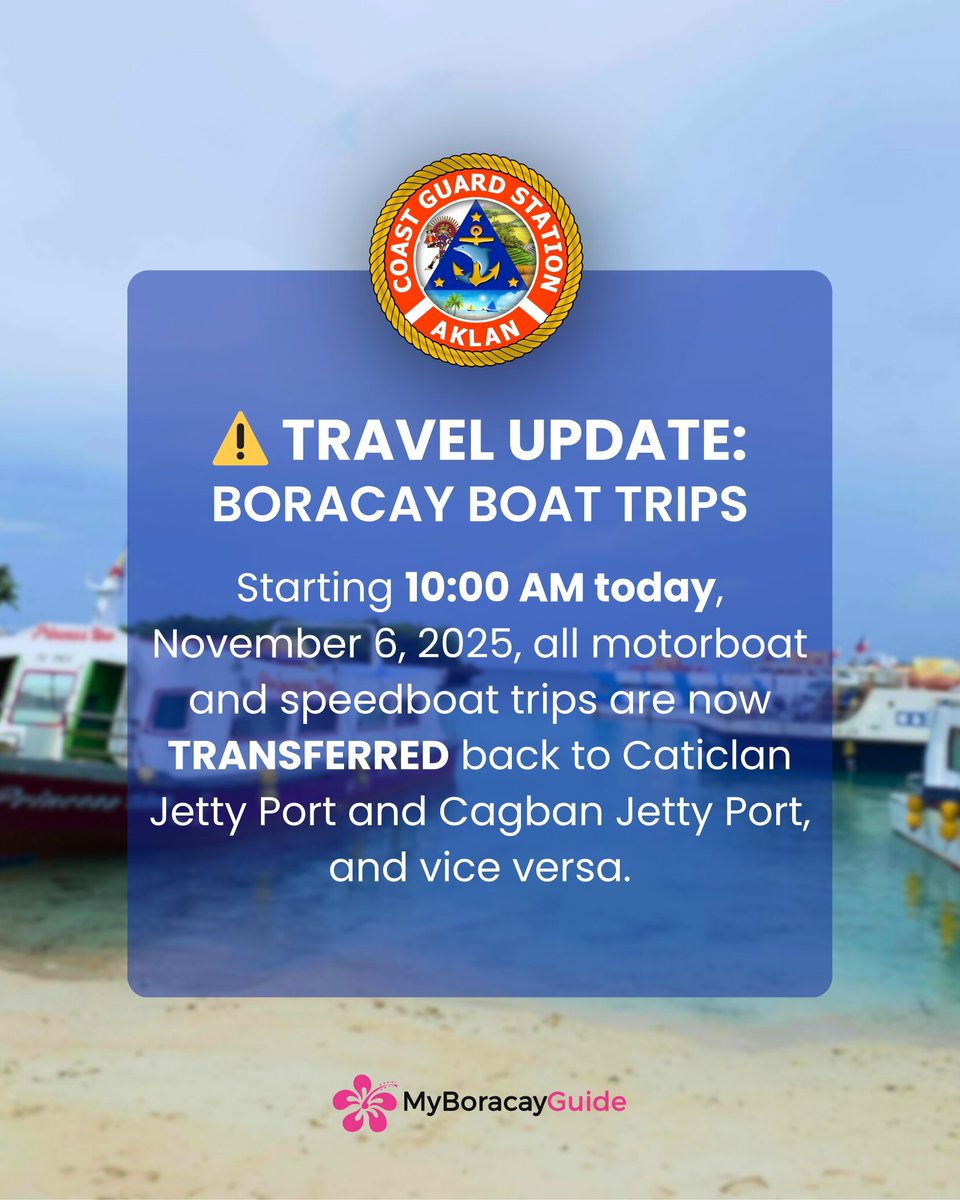 MyBoracayGuide's tweet image. 🌞 Good News, Travelers!
Boat trips are now back at the main ports — Caticlan and Cagban! ⚓
No more reroutes, just smooth sails and sunny island vibes ahead. 🌴💙

#BoracayUpdate #TravelAdvisory #GoodNews #IslandVibes