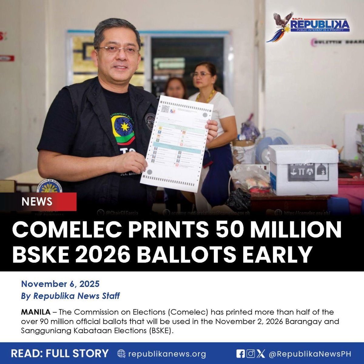 RepublikaNewsPH's tweet image. The printing, which also covers accountable forms, is being conducted at the National Printing Office (NPO) in Quezon City. Of the total ballots, 69 million are for the barangay polls and 23 million for the SK elections. #Comelec #BSKE 

READ: republikanews.org/2025/11/06/com…