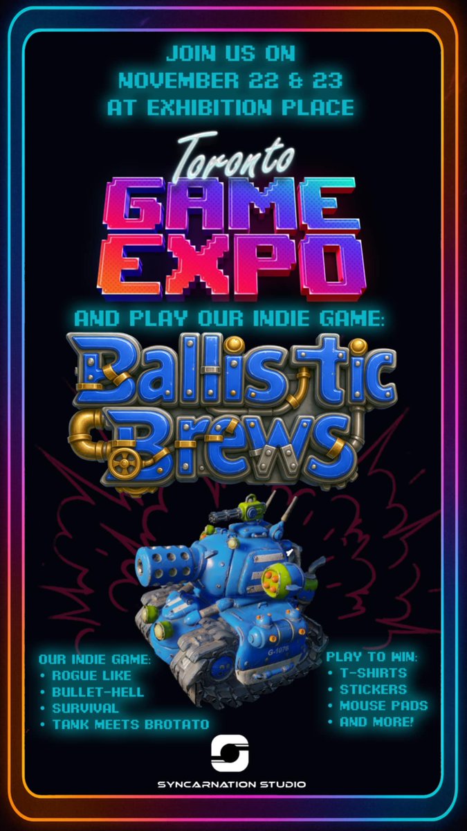 MiriamCGartist's tweet photo. LET'S MEET TORONTO ๐๐๐ฎ #syncarnationstudio #ballisticbrews #indiegame #gamedev #tank #unrealengine @TorontoGameExpo https://t.co/j9zchY2a34