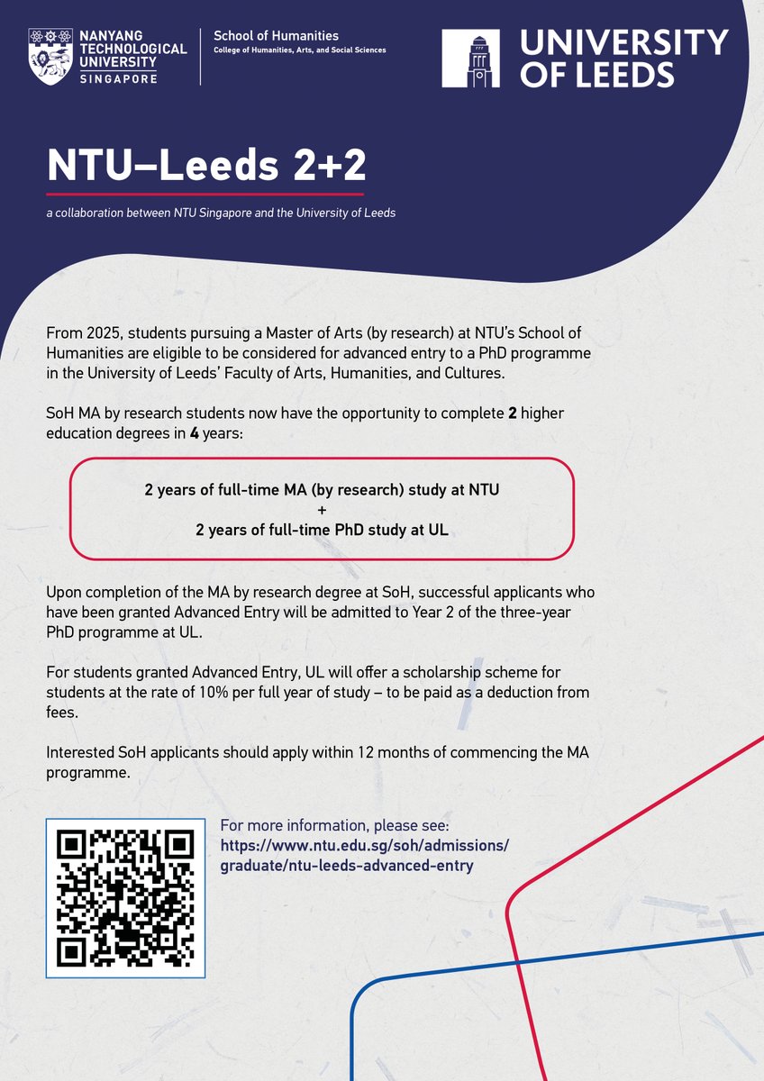 🎓 From 2025, MA (by research) students at NTU’s School of Humanities can be considered for advanced PhD entry at the University of Leeds!

Apply for our Aug 2026 MA intake by 31 Dec 2025 (mid-Dec recommended).
More info 👉 ntu.edu.sg/soh/admissions…