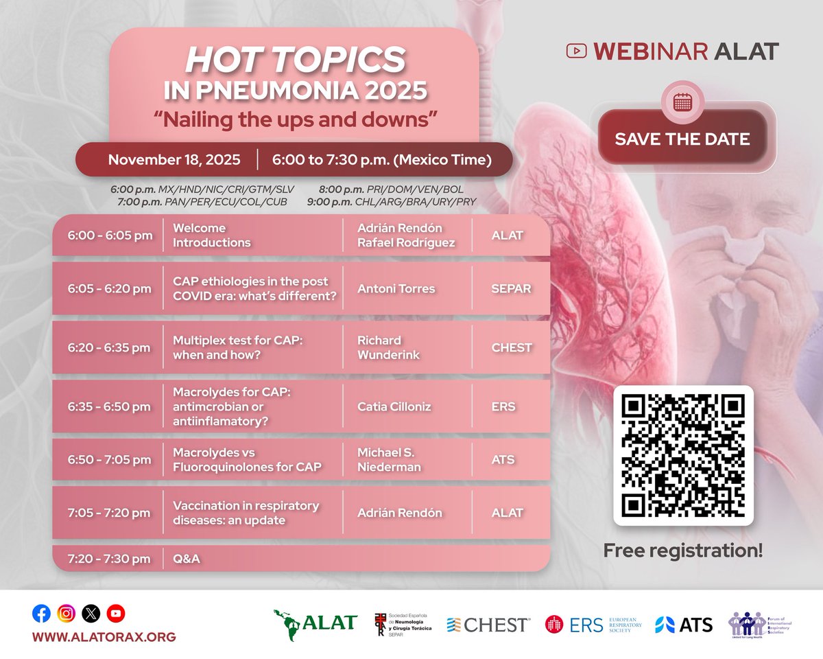 🫁 Webinar: Hot Topics en Neumonías 2025
🗓️ 18 de nov | 18:00 h (CDMX)
📍 Expertos de ALAT, CHEST, ERS, ATS
🧪 NAC post-COVID, vacunas, pruebas y más
👉 Regístrate en acortar.link/uAcW4M