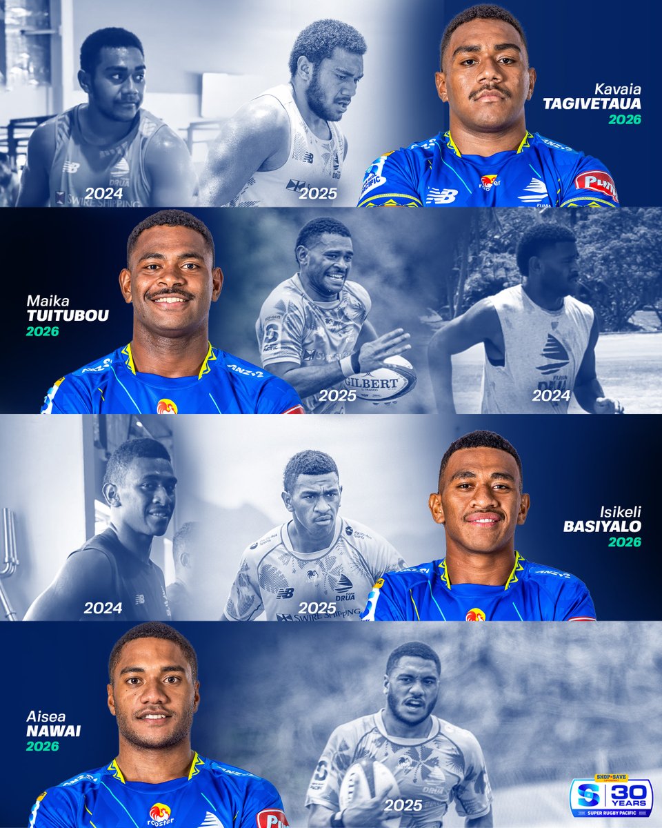 Fijian_Drua's tweet photo. YTB! Promotion👉 Wingers Isikeli Basiyalo and Aisea Nawai, centre Maika Tuitubou, and hooker Kavaia Tagivetaua have all signed full-time multi-year contracts, making them eligible for selection in the matchday 23 next season.

Drua Development to @SuperRugby ⛵️

#TosoDrua #PacificAusSports