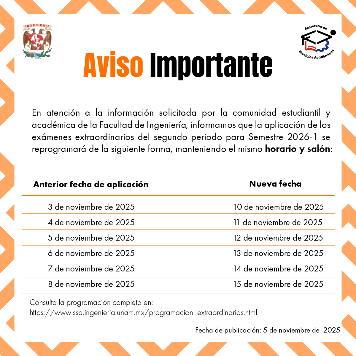 🚨Aviso importante
La Secretaría de Servicios Académicos de la #FIUNAM informa sobre la aplicación de los exámenes extraordinarios del segundo periodo para el Semestre 2026-1.
ssa.ingenieria.unam.mx/programacion_e…
<a href="/die_fi_unam/">División de Ingeniería Eléctrica</a> <a href="/DICT_FIUNAM/">División de Ingeniería en Ciencias de la Tierra</a> <a href="/dicyg/">DICyG - FI</a> <a href="/DIMEIFIUNAM/">DIMEIFIUNAM</a> <a href="/uatUnam/">Unidad de Alta Tecnología</a> <a href="/SocialesyHum_FI/">DCSyH FI UNAM</a>