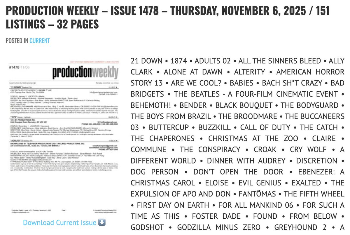 prodweek's tweet image. Production Weekly - Issue 1478 - Thursday, November 6, 2025 / 151 Listings - 32 Pages

Download Current Issue ⬇️

productionweekly.com/production-wee…