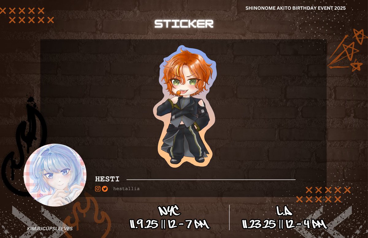 kimjucupsleeves's tweet photo. ♫₊˚. ✩｡ MERCHANDISE SPOTLIGHT ✩               

Special thanks to @Hestallia for designing this fantastic Akito sticker! 🥞

Pick up this sticker at the Akito Birthday Event on 11/9 (NYC) and 11/23 (LA) while supplies last! https://t.co/UyYKHfPPP0