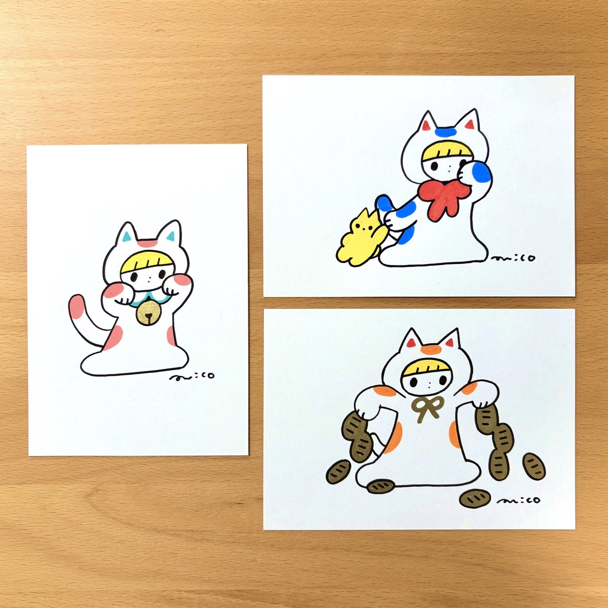 両手招き猫、ねむたい猫、じゃらじゃら猫

色々な組み合わせを描いて満足!
明日(7日)、追加納品に行けたらと思ってます。

#愛と狂気のマーケット 
@aitokyouki 