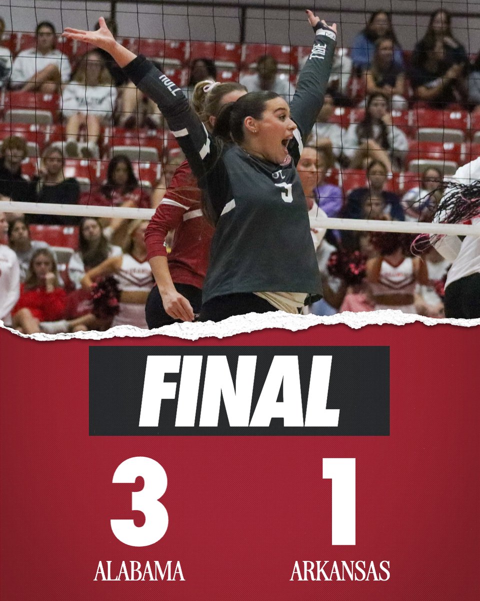 Alabama snaps a 10-match losing streak to Arkansas with a four set win Wednesday in Fayetteville!

The Crimson Tide heads to Norman, OK on Friday to face Oklahoma at 7 p.m. CT

#RollTide
