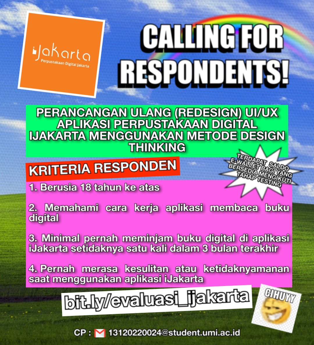 belutberkicau's tweet image. Halo teman-teman!
Aku lagi ngerjain tugas akhir tentang redesign aplikasi iJakarta.
Kalau kamu pernah pakai aplikasinya, boleh banget bantu isi kuesioner ini ya!

bit.ly/evaluasi_ijaka…
