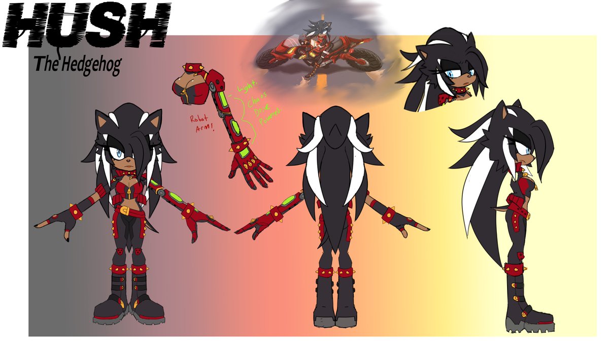 First time doing a proper ref sheet! Made a quick one of my character Hush the Hedgehog ! 🏍️🦔
