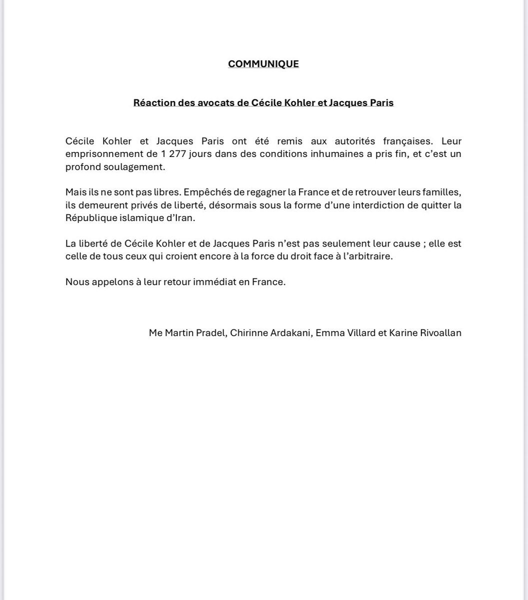 tfolwi's tweet photo. Partagez, s’il vous plaît.
Please share.

Cécile Kohler et Jacques Paris sont sortis de prison au bout de 1277 jours, mais ils ne sont pas encore libres puisqu’interdits de quitter le territoire iranien.
Ils doivent être libérés immédiatement et pouvoir regagner la France, leurs familles et leurs proches.

Cécile Kohler and Jacques Paris were released from prison after 1,277 days, but they are not yet free as they are prohibited from leaving Iranian territory.
They must be released immediately and allowed to return to France, to their families and loved ones.

#Iran We urge @khamenei_ir @drpezeshkian to release Cécile Kohler and Jacques Paris immediately and unconditionally. 
@EmmanuelMacron @jnbarrot