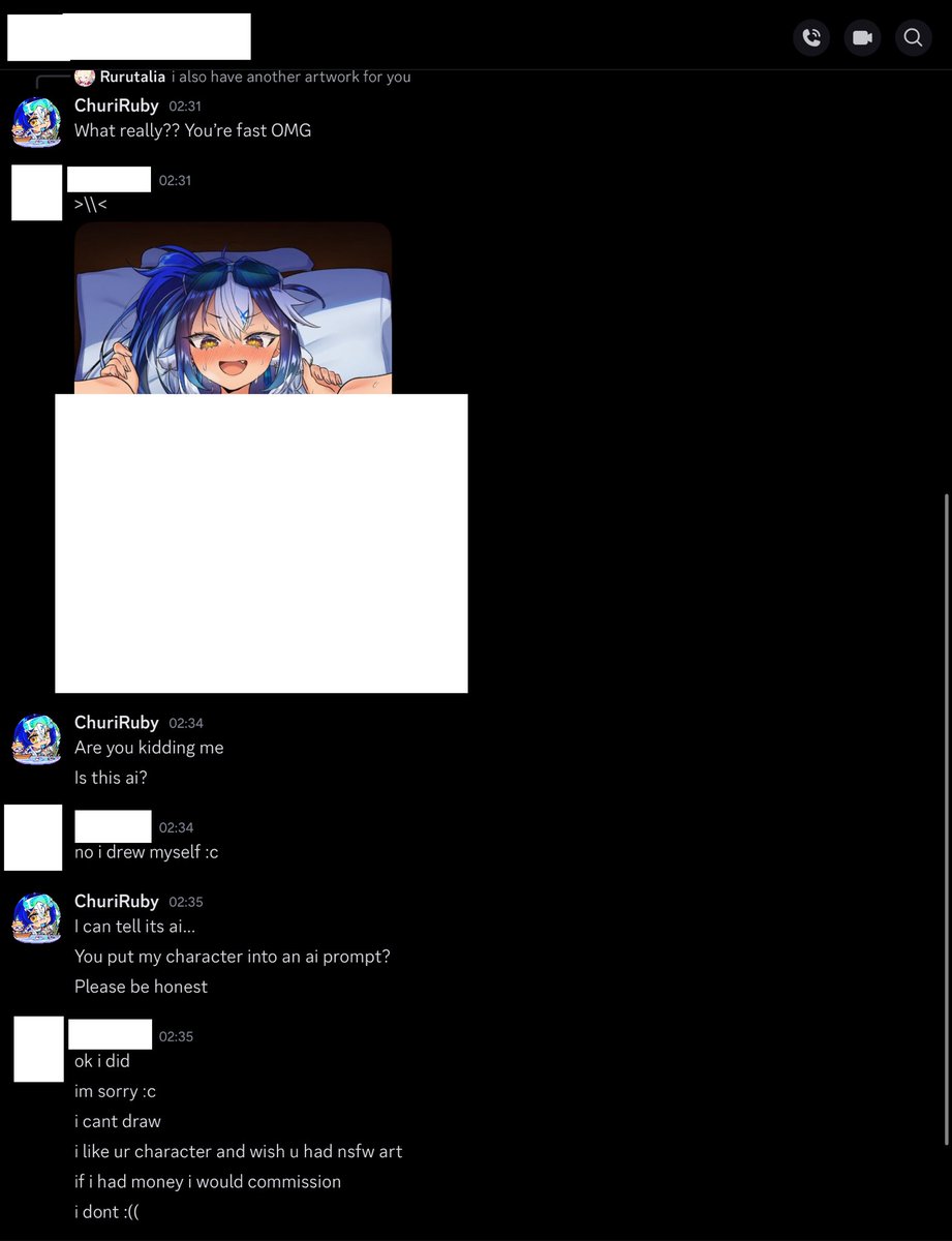 churirubyVT's tweet image. Please don’t make AI art of me.

Someone just sent me AI-generated images of myself, and it honestly made me really uncomfortable. The first one looked real enough that I tried to commission them but it turned out to be AI.

As an artist, this really hurts.