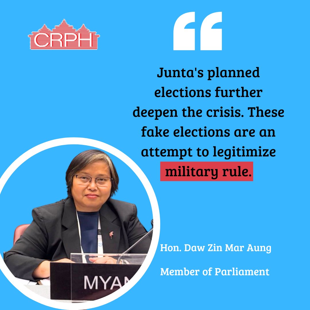 CrphMyanmar's tweet photo. Military junta controls less than 40% of the territory, while political opponents are imprisoned and the media silenced.
#Myanmar's elected MP in 2020 #election @ZinMarAungNUG addressed at the #IPU151.
📷Watch her speech: https://t.co/zbplNhM9xF https://t.co/JdR4aRZZrZ