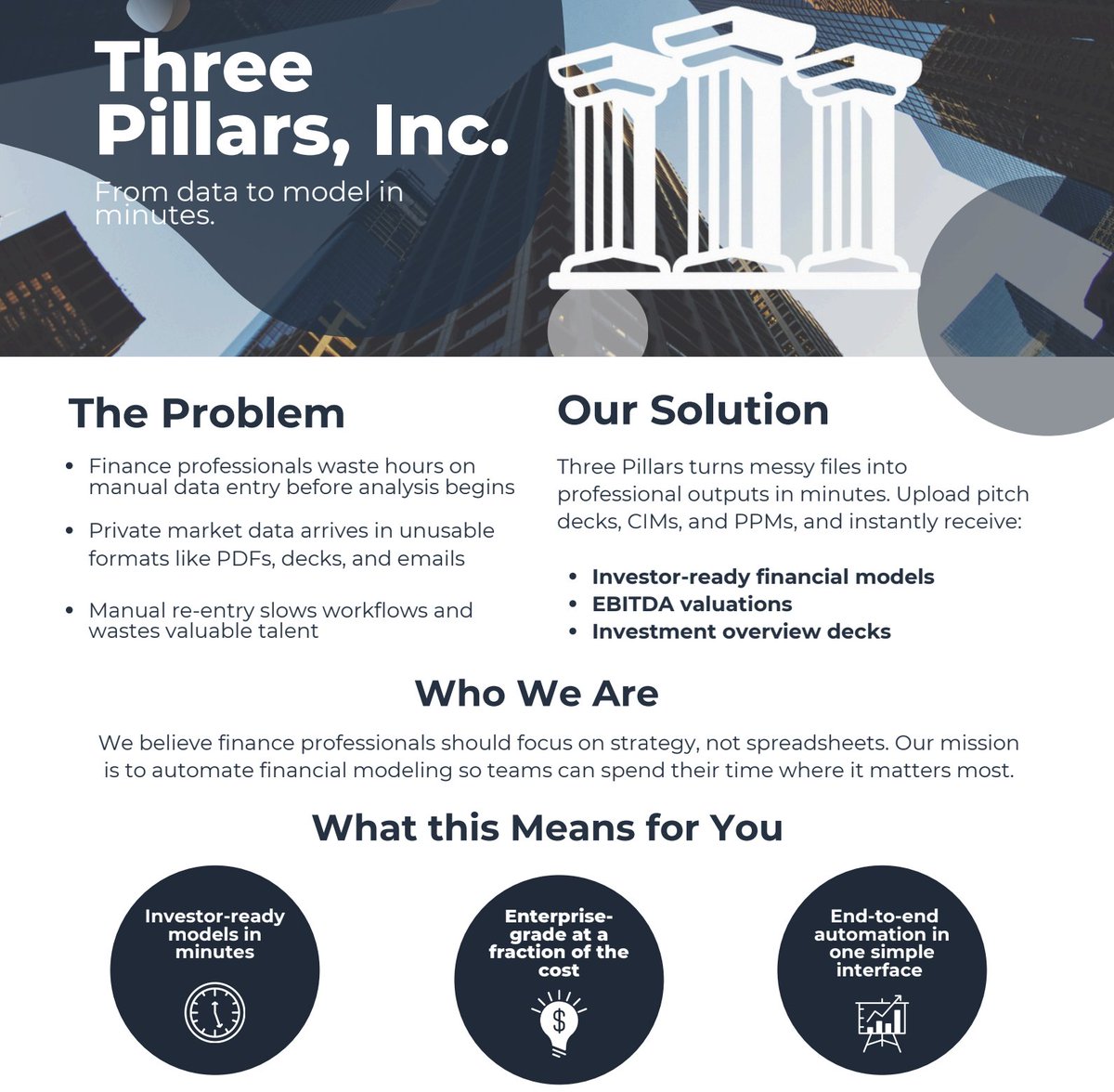 Pillars_Inc's tweet photo. @buildItN0w Our software automates financial modeling and deal analysis in just minutes for everyone from entrepreneurs to analysts to students! https://t.co/96PSclGtwL