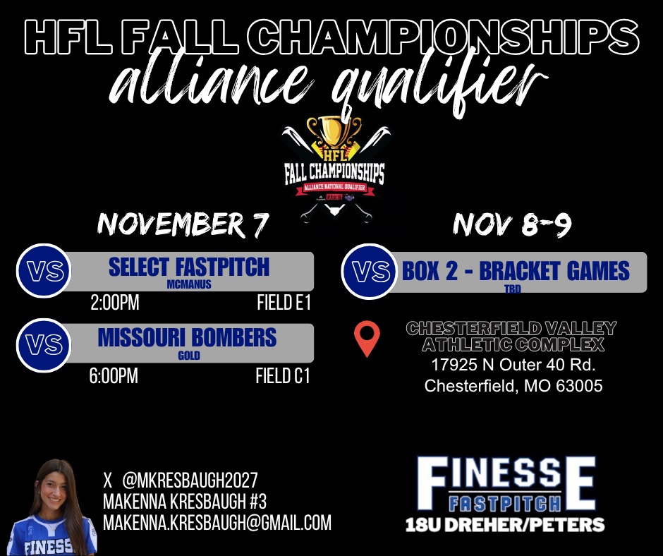 Glad to be back this weekend! I get to travel to the St. Louis area with my <a href="/04_Finesse/">Finesse Peters</a>  teammates to compete in the HFL Fall Championships at Chesterfield Valley Athletic Complex. Our game schedule is below!