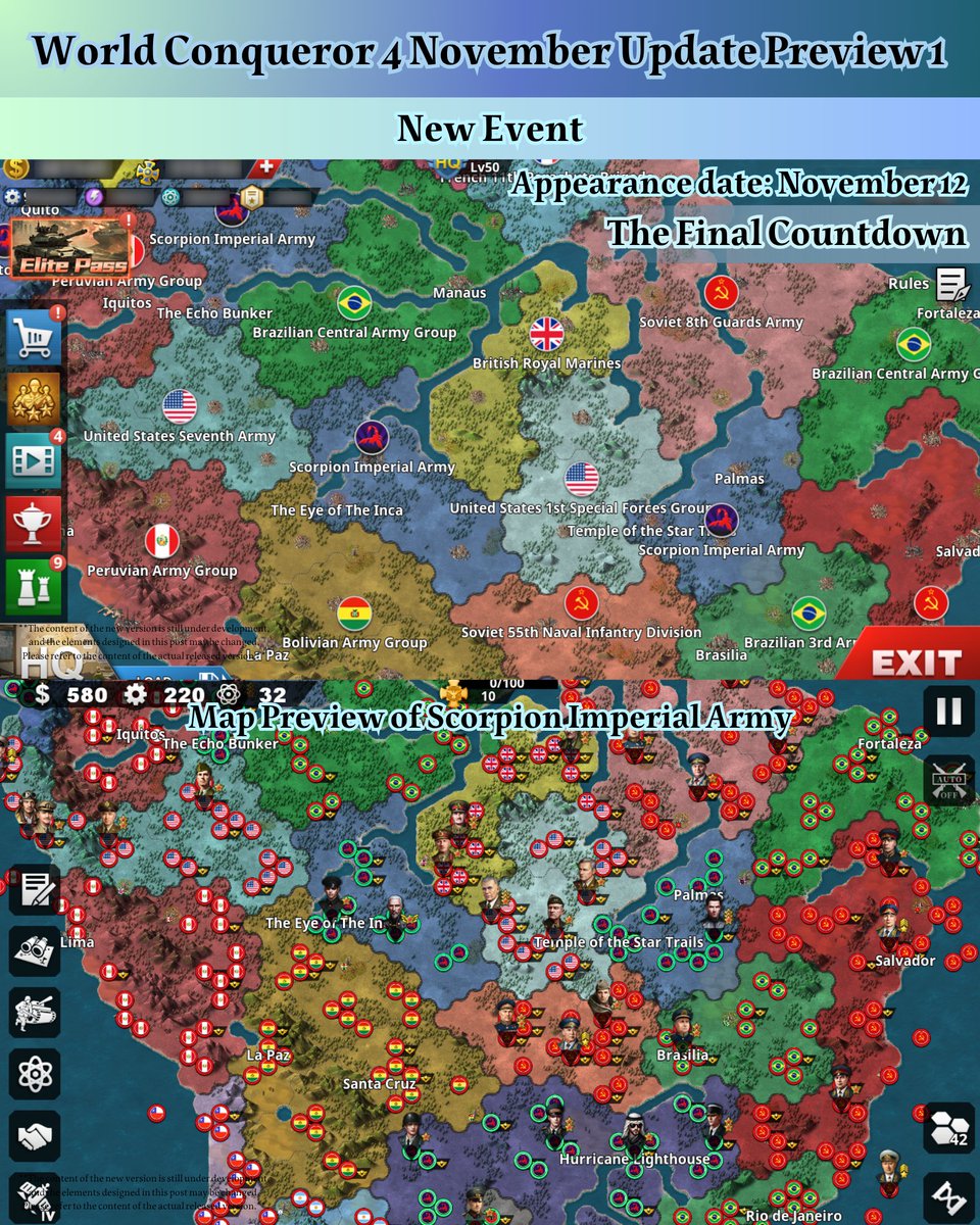 easytech_game's tweet image. World Conqueror 4 November Update Preview 1
【New Army Group】
The Final Countdown (the first appearance date of the event is November 12)
【New Defense Event】
The Normandy Defensive Line
【New Nightmare Event】
Nightmare Great Patriotic War
Nightmare Western Desert Campaign