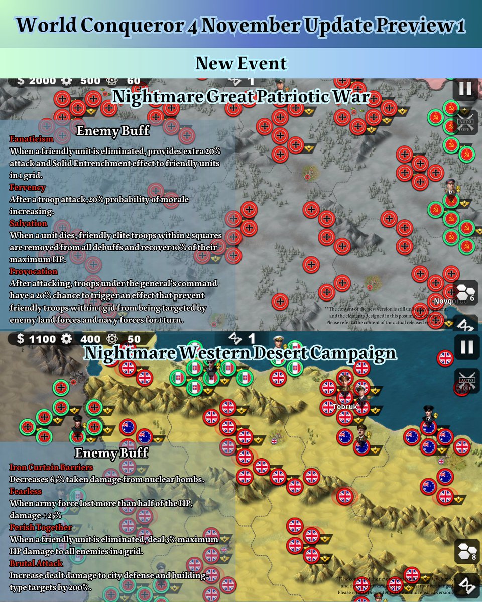 easytech_game's tweet image. World Conqueror 4 November Update Preview 1
【New Army Group】
The Final Countdown (the first appearance date of the event is November 12)
【New Defense Event】
The Normandy Defensive Line
【New Nightmare Event】
Nightmare Great Patriotic War
Nightmare Western Desert Campaign