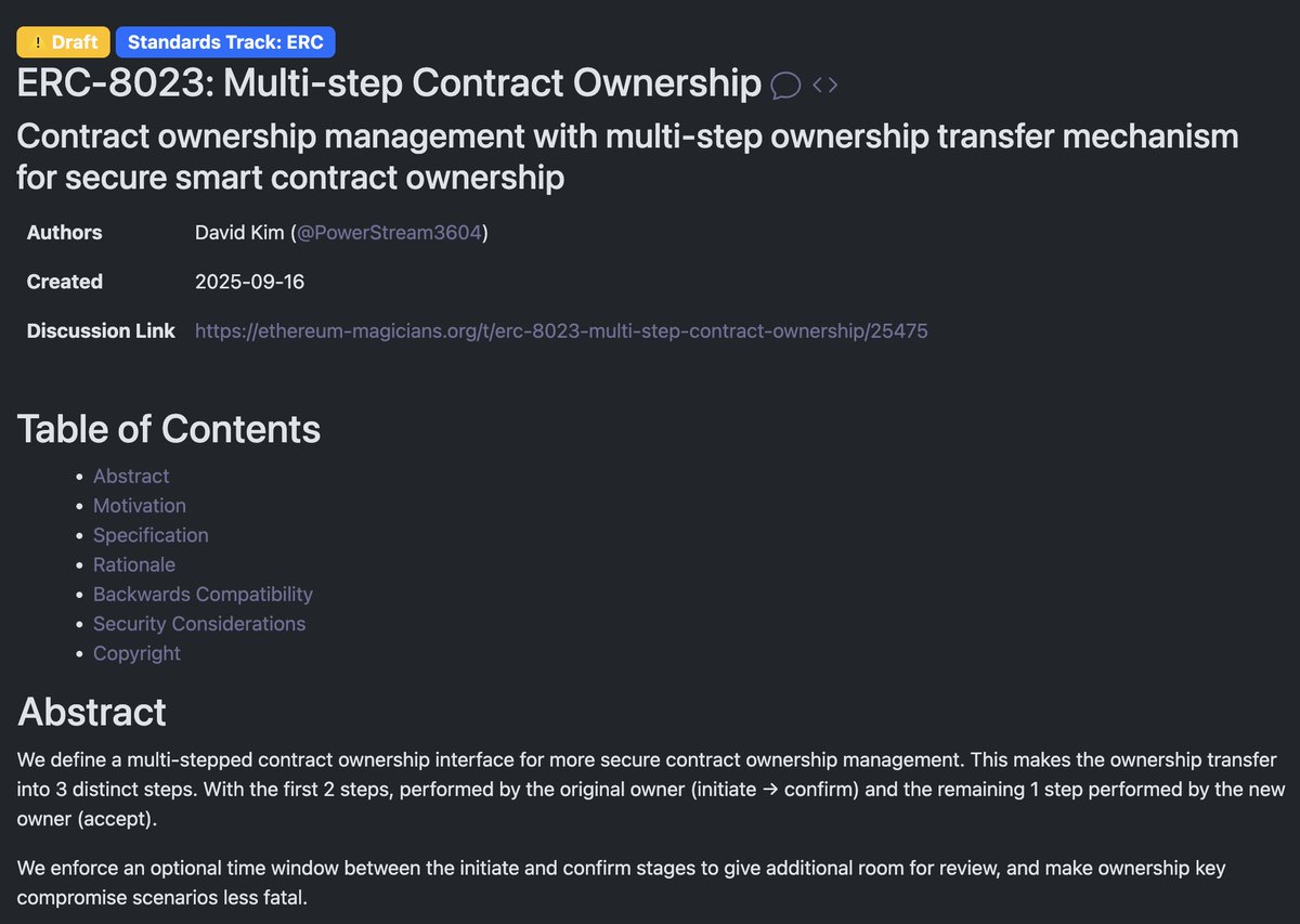 We've help clients (such as <a href="/saros_xyz/">Saros</a>  and <a href="/nocturnaldotxyz/">Nocturnal</a>) implement multistep ownership transfer mechanisms  on Solana. Glad to see this concept now formalized in EVM through EIP-8023 — a solid advancement for on-chain security.
eips.ethereum.org/EIPS/eip-8023
#Web3Security #Audit