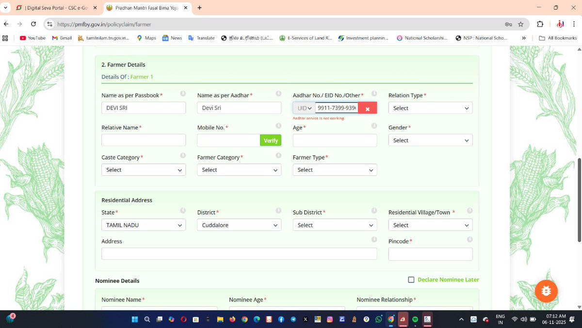 pradeep_vle's tweet photo. Dear @AgriGoI
@pmfby
@icarindia
@PMOIndia
@CSCegov_
@ceo_csc
@csc_south
@cudcollector
@CMOTamilnadu
@HDFCERGOGIC
Here we have an issues on @pmfby Portal from 4th of September 2025, especially in Aadhaar Verification process step for*New Farmer's Enrollment only*not rectified yet. https://t.co/CztrxzBuy1