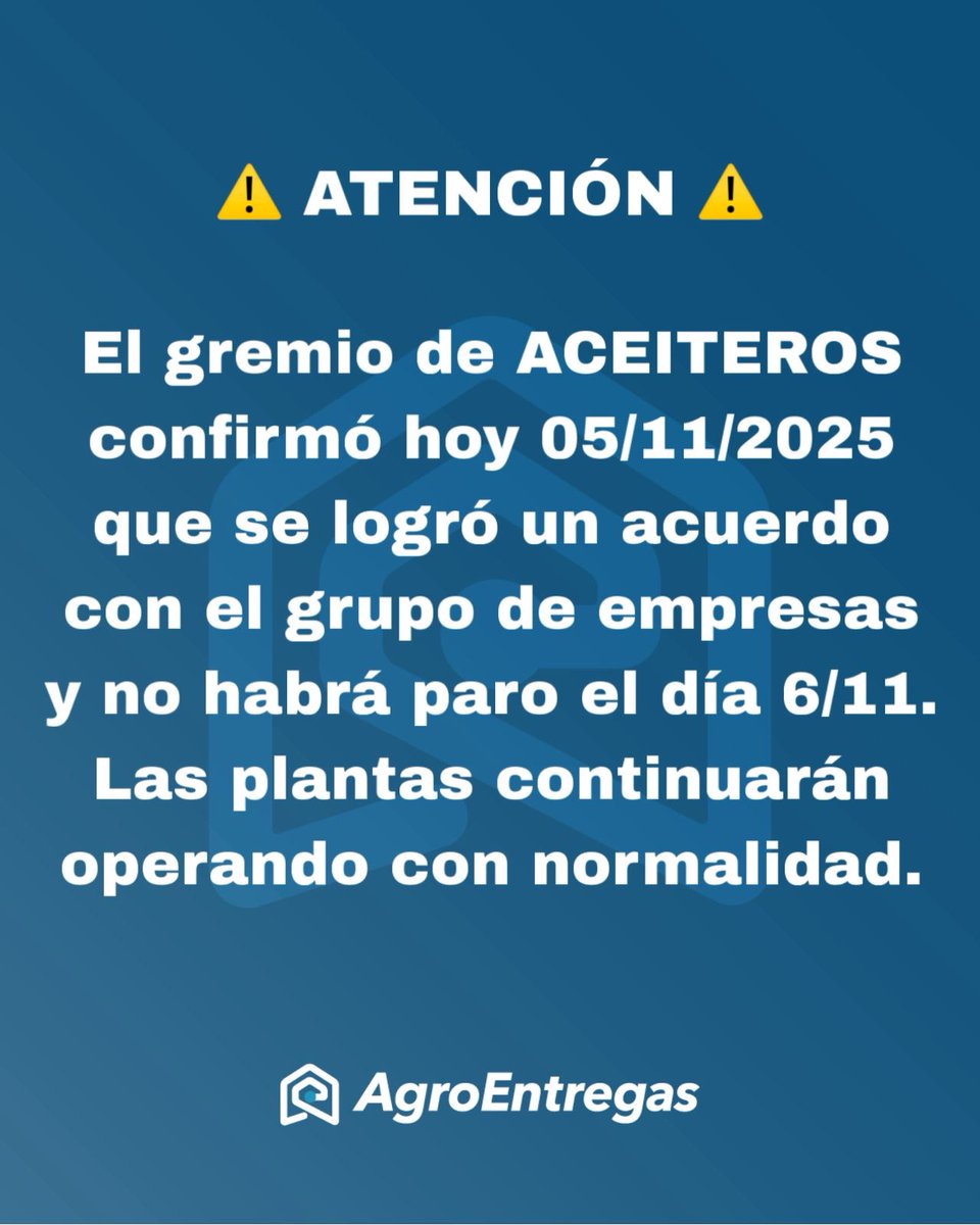 ⚠️ ATENCIÓN ⚠️
.
Tras una extensa reunión hubo acuerdo con el grupo de empresas y no habrá paro del gremio ACEITEROS.
.
🖥️ Agroentregas.com.ar
📲 3415775140
📞3415300999