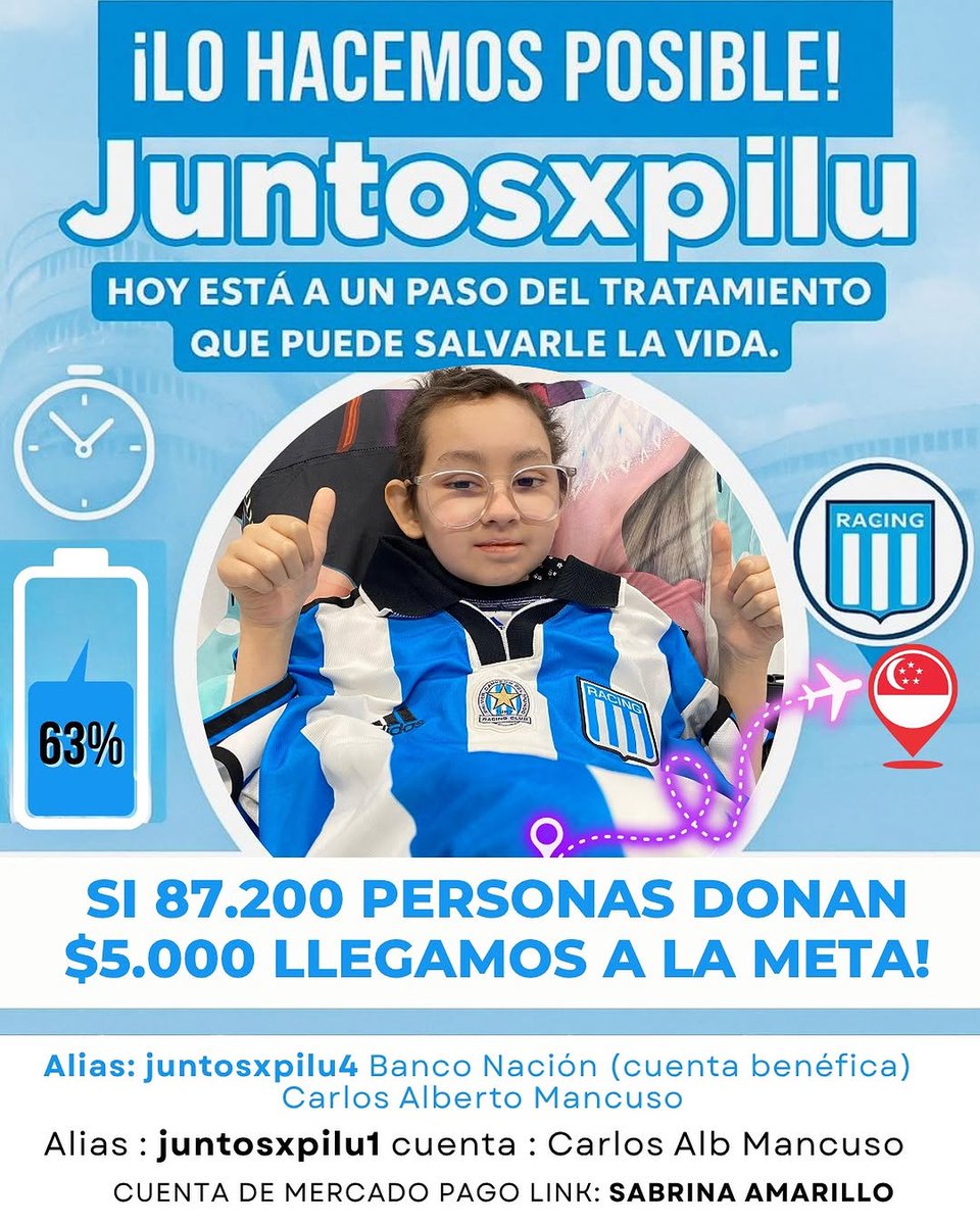 LeandroAdonio's tweet image. ¡SE AGRADECE LA DIFUSIÓN! 💙

👉 Pilu está atravesando un momento muy difícil de salud y necesita nuestra ayuda: debe viajar a Singapur para realizar un tratamiento clave para combatir su enfermedad.

🙏 Cualquier aporte, suma muchísimo.

➡️ Alias: JuntosXPilu4

ℹ️ Instagram:…