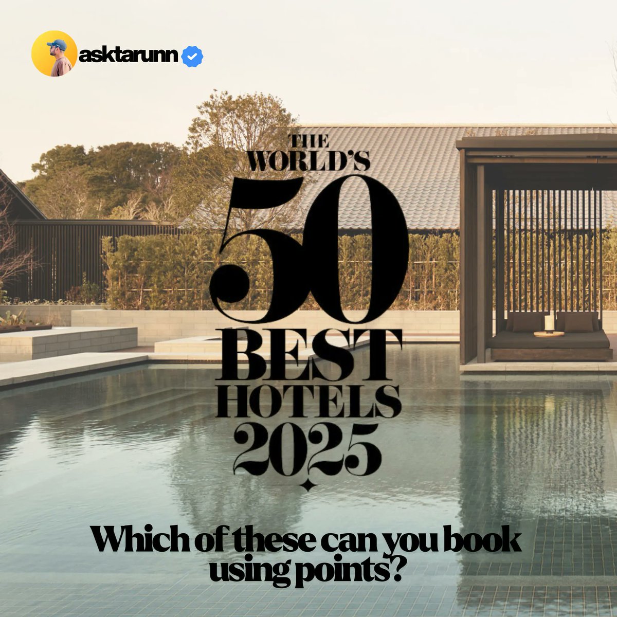 asktarunn's tweet photo. 🚨You can book some of the World’s 50 Best Hotels 2025 using points.
Yes, actual points.

All you need to know! 🙌🏻

❤️ Like | 🔁 Retweet | 🔖 Bookmark before you forget https://t.co/kyUoDr9VFy