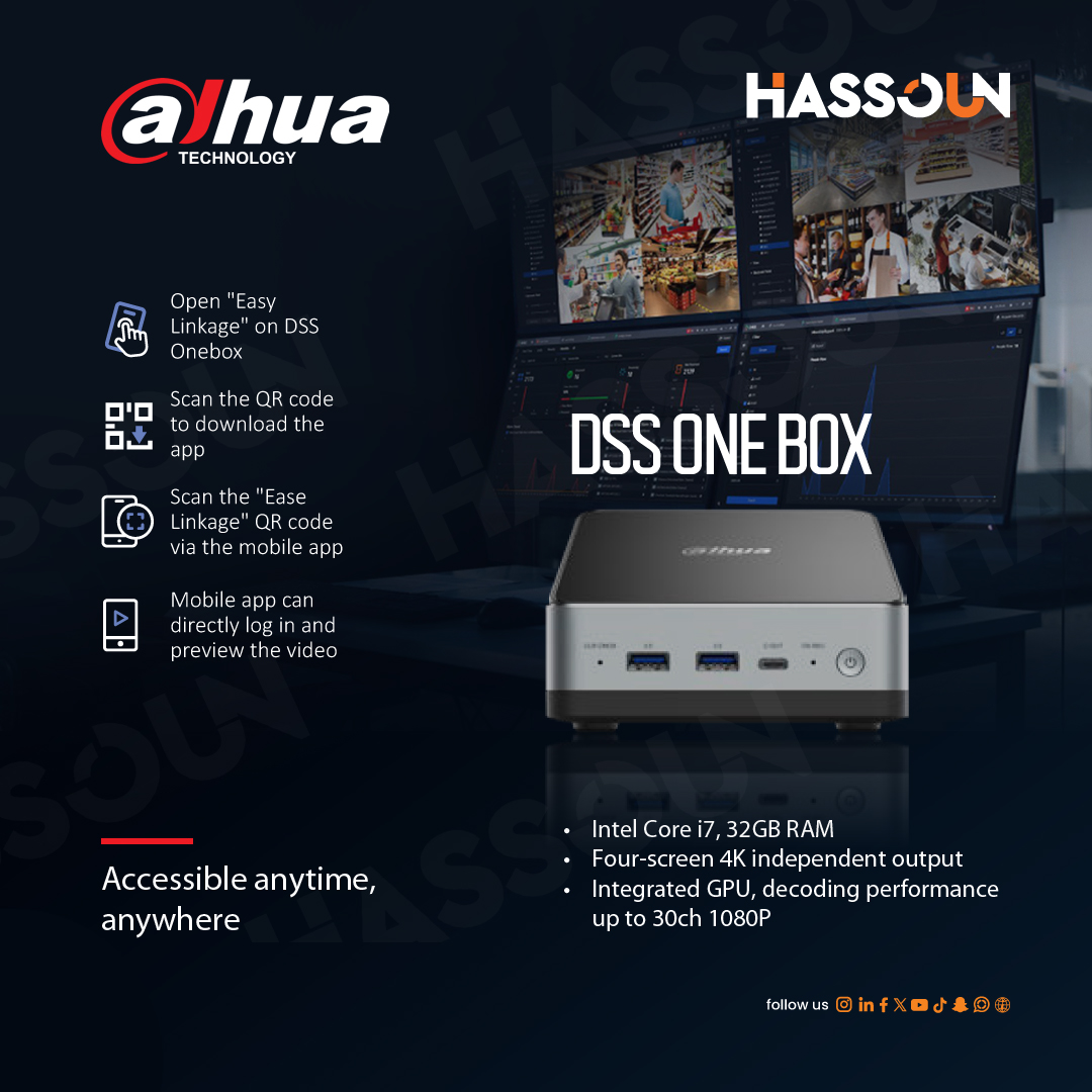 HassounSocial's tweet image. Your all-in-one surveillance solution is here!
With Dahua DSS One Box, you can view, manage, and secure your premises — all from your phone.

#DahuaTechnology #Hassoungroup #SecurityMadeSimple #SmartSurveillance #DSSOneBox