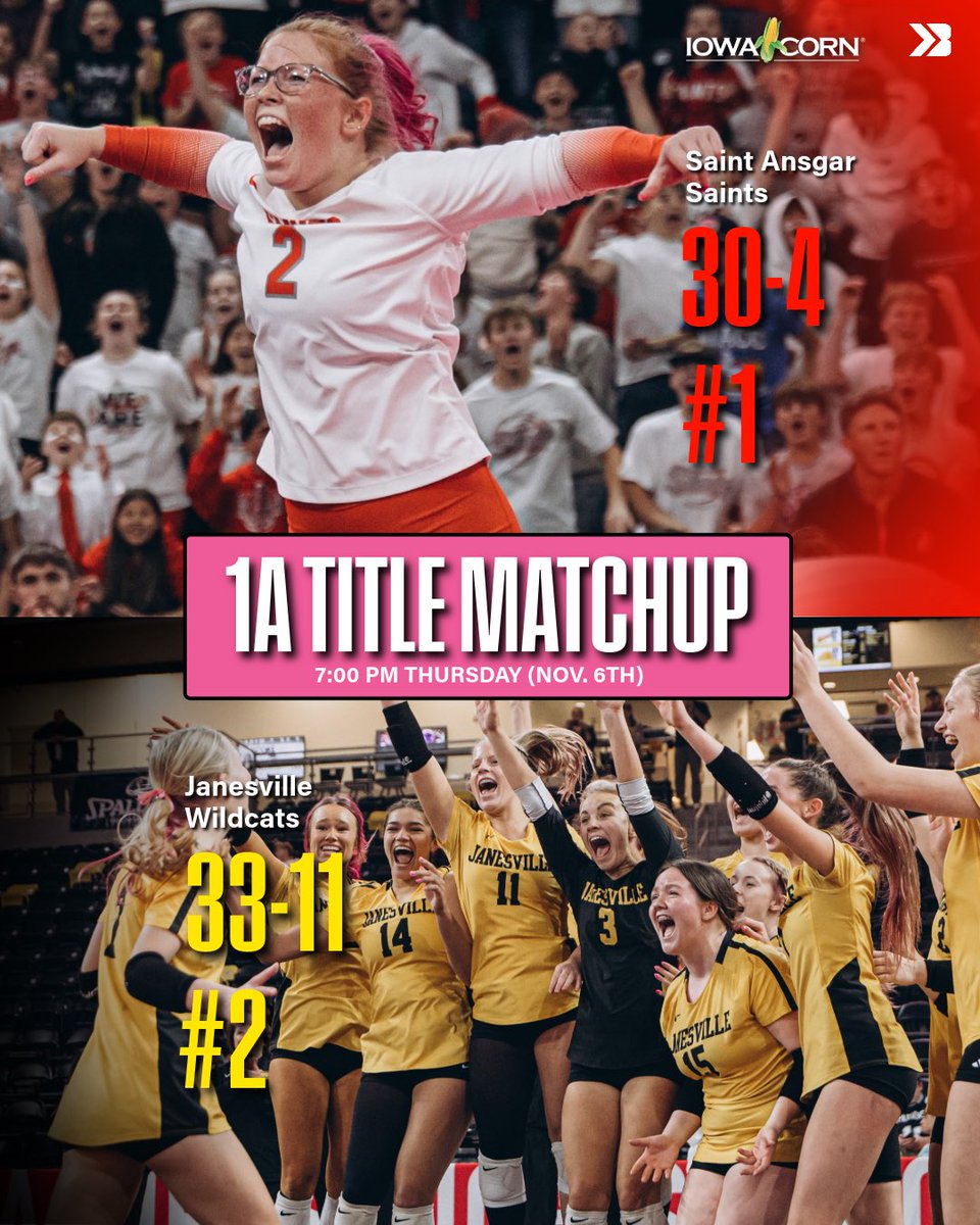 𝟏𝐀 𝐓𝐈𝐓𝐋𝐄 𝐆𝐀𝐌𝐄 𝐒𝐄𝐓 🏆

SAINT ANSGAR VS JANESVILLE IN THE 1A TITLE 🔥

7:00 PM Tomorrow.

#iahsvb Dylan Shoemaker