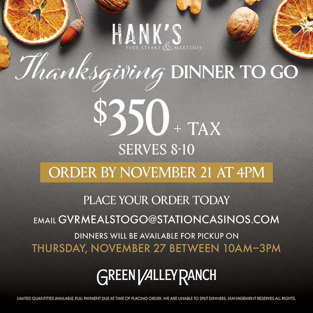 Let us elevate your holiday at home with Hank's Thanksgiving Dinner To Go. 🦃✨ Expertly prepared and ready for easy pickup, so you can skip the stress and savor every moment with the ones who matter most. 

Order by November 21 at 4pm.

Click the link to order now: