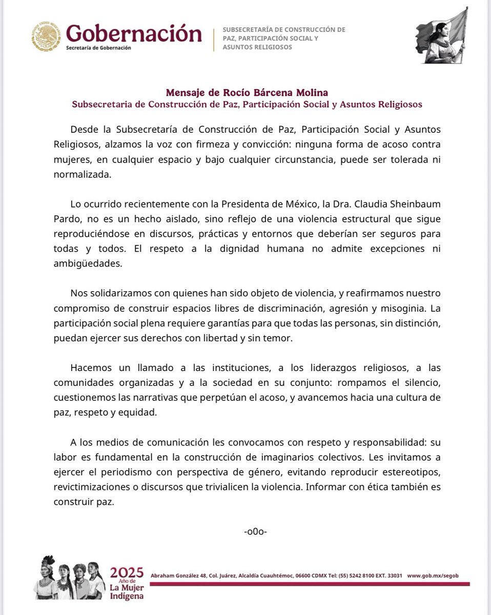 Presidenta <a href="/Claudiashein/">Claudia Sheinbaum Pardo</a> 
Repudiamos enérgicamente el acto de acoso. ¡Cero tolerancia a la miserable actitud  de politizar la agresión!
#PresidentaNoEstasSola 
#NoAlAcosoContraLaPresidenta