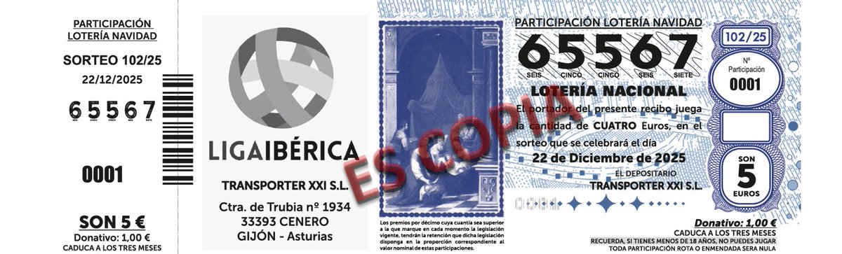 LOTERÍA NAVIDAD LIGA IBÉRICA 🏆⚽

Para equipos Liga de Fútbol 7 disponible la lotería de Navidad 🎄☃️

6️⃣5️⃣5️⃣6️⃣7️⃣ 🍀

Equipos interesados podéis recogerla en el campo de C.D Montevil 🏟

Tacos: 25 participaciones 1€ de recargo de beneficio para equipos que vendan la lotería.