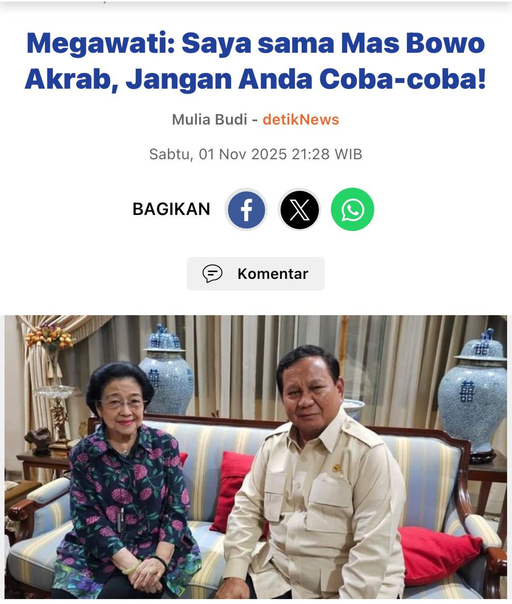 Secara garis politik, Megawati-Prabowo lebih dekat dibanding Jokowi-Prabowo.

Megawati sangat berpengalaman dalam dunia politik, dan situasi bangsa ini butuh orang berpengalaman.

Dan lebih penting lg, Megawati-Prabowo tidak memiliki masalah personal, jadi akan ada komitmen untuk