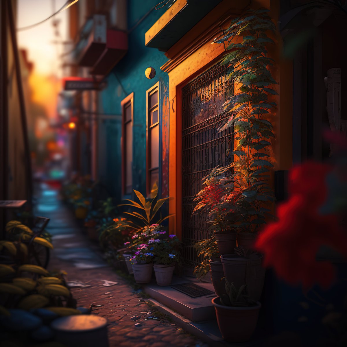 NoBanksNearby's tweet image. 6:58 PM. Look at that golden light hugging the deep teal facade, waking up the vines in this quiet alley. It&apos;s the moment the day sighs out its last warmth, a gentle invitation to pause and soak in the evening&apos;s unfolding peace.

#CreativeCode #InvestInArt #ReflectiveArt…
