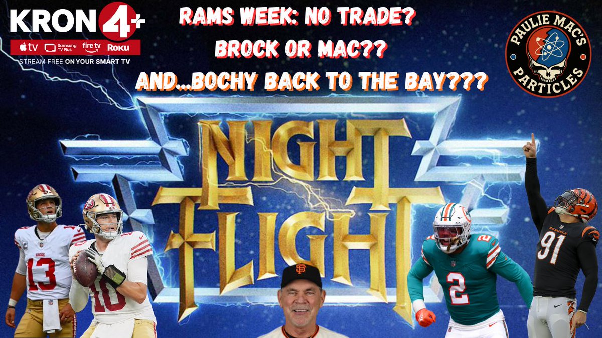 Hey now, kids! 
PMP Night Flight is set to launch at 8pm

Bochy coming home to the Bay?!  More 49ers questions during Rams Week, Steph gets the night off…grab a drink and join us at 8pm!