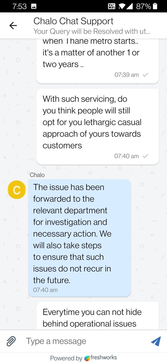 ritesh4patil's tweet photo. @chaloapp team, I don't think so you guys take your customers seriously. Most of the time AI bot reverting my to queries with pre-decided templates. No seriousness, no service quality. With this laid-back approach, you are helping customers to prefer other services ! https://t.co/2ZVcx2bvYp