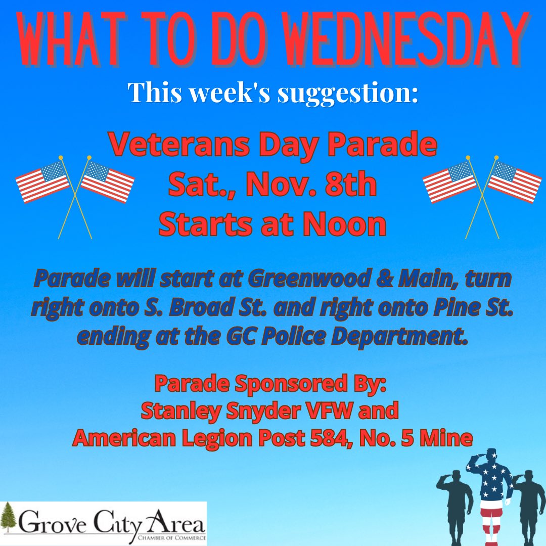 This week’s #WhatToDoWednesday suggestion looks ahead to this Saturday’s Veterans Day Parade in Grove City! Make plans to attend 🇺🇸
