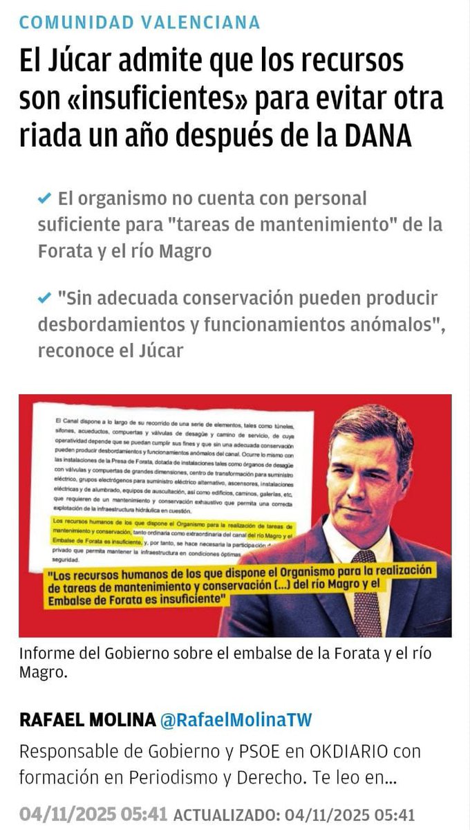 dlp_org's tweet image. La Confederación Hidráulica del #Júcar admite que los recursos son «insuficientes» para evitar otra riada un año después de la #DANA.