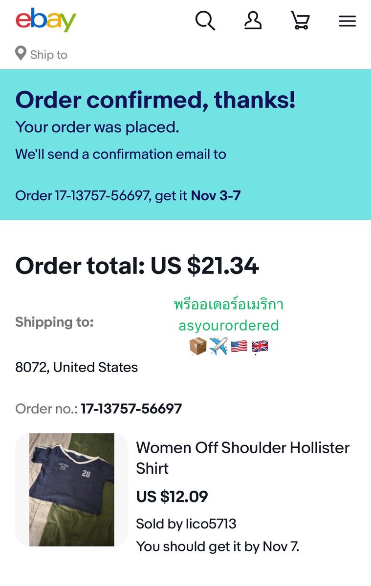 Asyourordered's tweet image. กดออเดอร์จาก ebay เรียบร้อยค่า🇺🇸ขอบคุณคุณลูกค้าที่ไว้ใจใช้บริการนะคะ 🙏🏼 

✅รับสั่งสินค้า+ส่งกลับไทย มีบริการกดสั่งซื้อตลอดนะคะ😊 ebay amazon etsy etc.

#พรีออเดอร์อเมริกา  #รับกดเว็บ #พรีเมกา #พรีออร์เดอร์เกาหลี #พรีออเดอร์ยุโรป