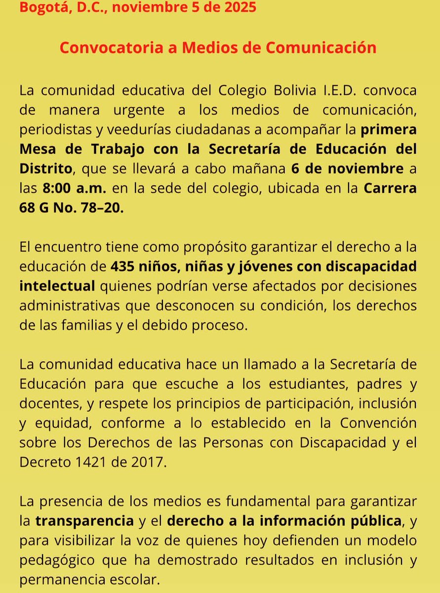 La Educación Inclusiva para niñas, niños y adolescentes con Discapacidad Intelectual en Bogotá, está en peligro‼️
Ayúdanos a difundir.
<a href="/Mineducacion/">MinEducación</a> <a href="/DanielRMed/">Daniel Rojas Medellin</a> <a href="/personeriabta/">Personería de Bogotá</a> <a href="/DefensoriaCol/">Defensoría del Pueblo</a> <a href="/CGR_Colombia/">Contraloría General de la República de Colombia</a> <a href="/CityNoticiasTv/">CityNoticias</a> <a href="/MafeCarrascal/">Mafe Carrascal Rojas</a> <a href="/petrogustavo/">Gustavo Petro</a> <a href="/LevyRincon/">Levy Rincón</a> <a href="/RTVCnoticias/">RTVC Noticias</a>