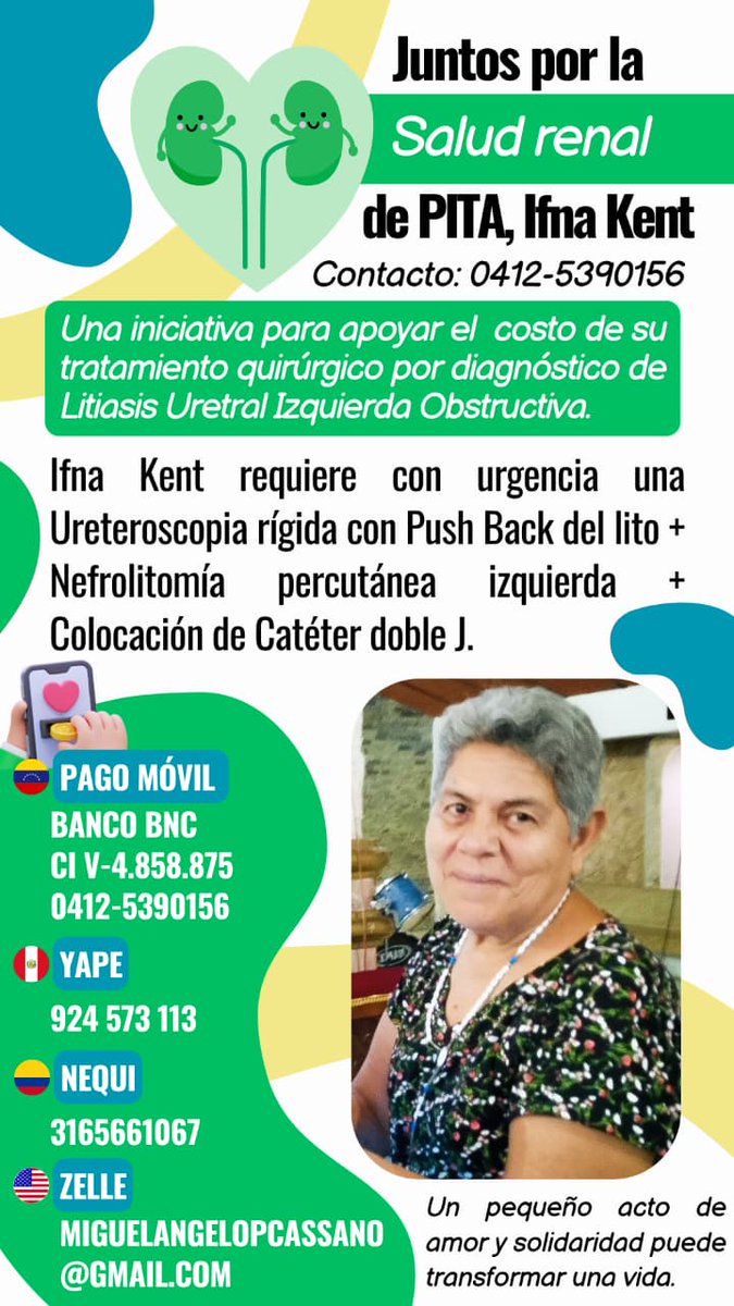 Necesito la magia de Twitter para la salud renal de mi mamá, Hace unos días recibió el diagnóstico de Litiasis uretral izquierda obstructiva y requiere con urgencia una Ureteroscopia rigida con push back del lito + nefrolotomia percutanea izquierda + colocación de catéter doble J