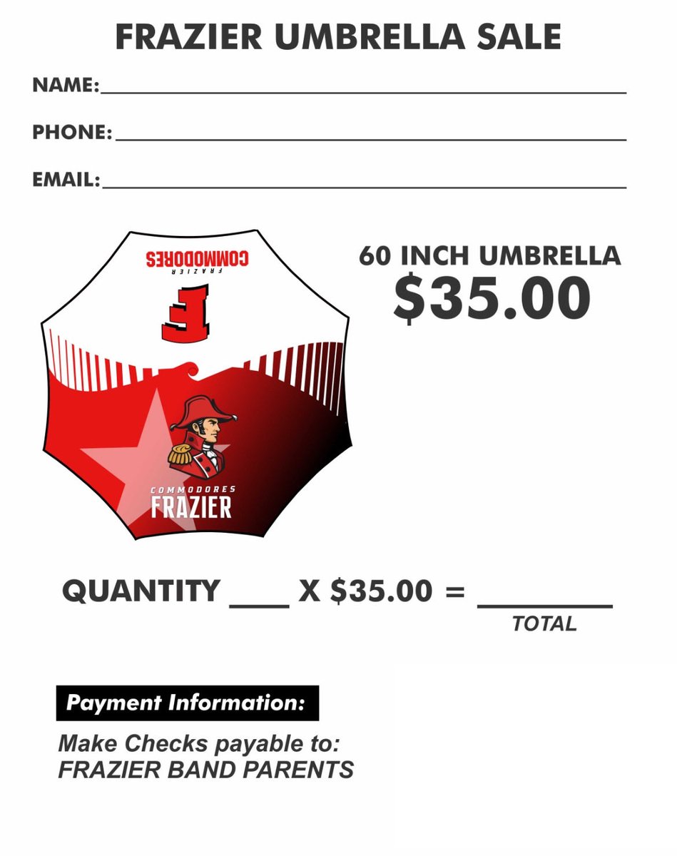frazier_hs's tweet image. ☔🎵 Stay dry &amp;amp; show your Commodore pride! The Frazier Marching Band is selling red &amp;amp; white umbrellas—perfect for Friday night’s game! ❤️🤍

Order yours today &amp;amp; support the band! 🌧️🎺
#FrazierPride #CommodoreNation #SupportTheBand