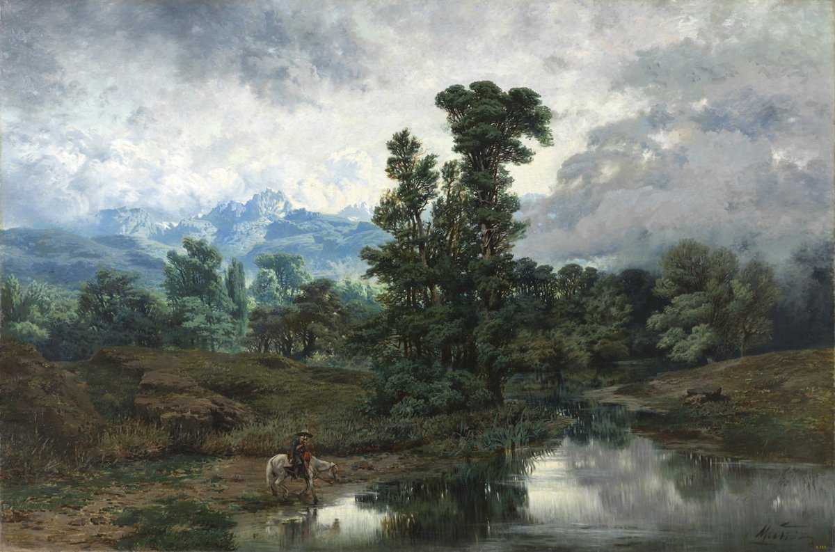 Telewhale's tweet image. “The Pyrenees” (1875) by Narcisse Virgilio Díaz de la Peña captures a lone rider crossing a stream beneath vast skies and towering trees. Balancing grandeur and intimacy, the scene turns nature into a living, breathing presence—quiet, majestic, eternal. 🏞️