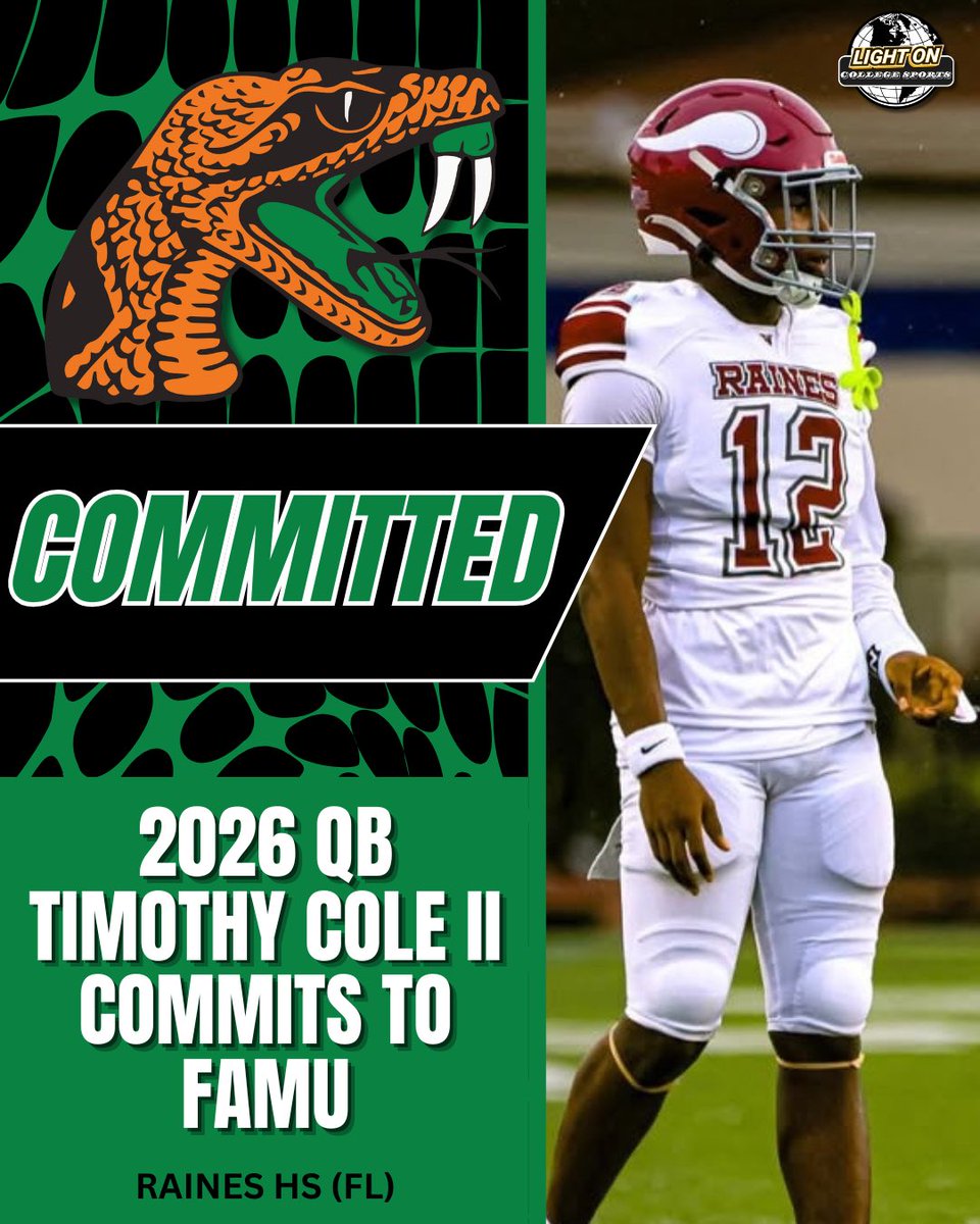 FAMU lands a commitment from 2026 QB Timothy Cole II 🐍🔥

The Jacksonville, FL native has thrown for 4,769 yards and 72 passing touchdowns over the past 2 seasons at Raines HS.

#FAMUly <a href="/spazzout__tj/">Timothy “TJ” Cole II</a>