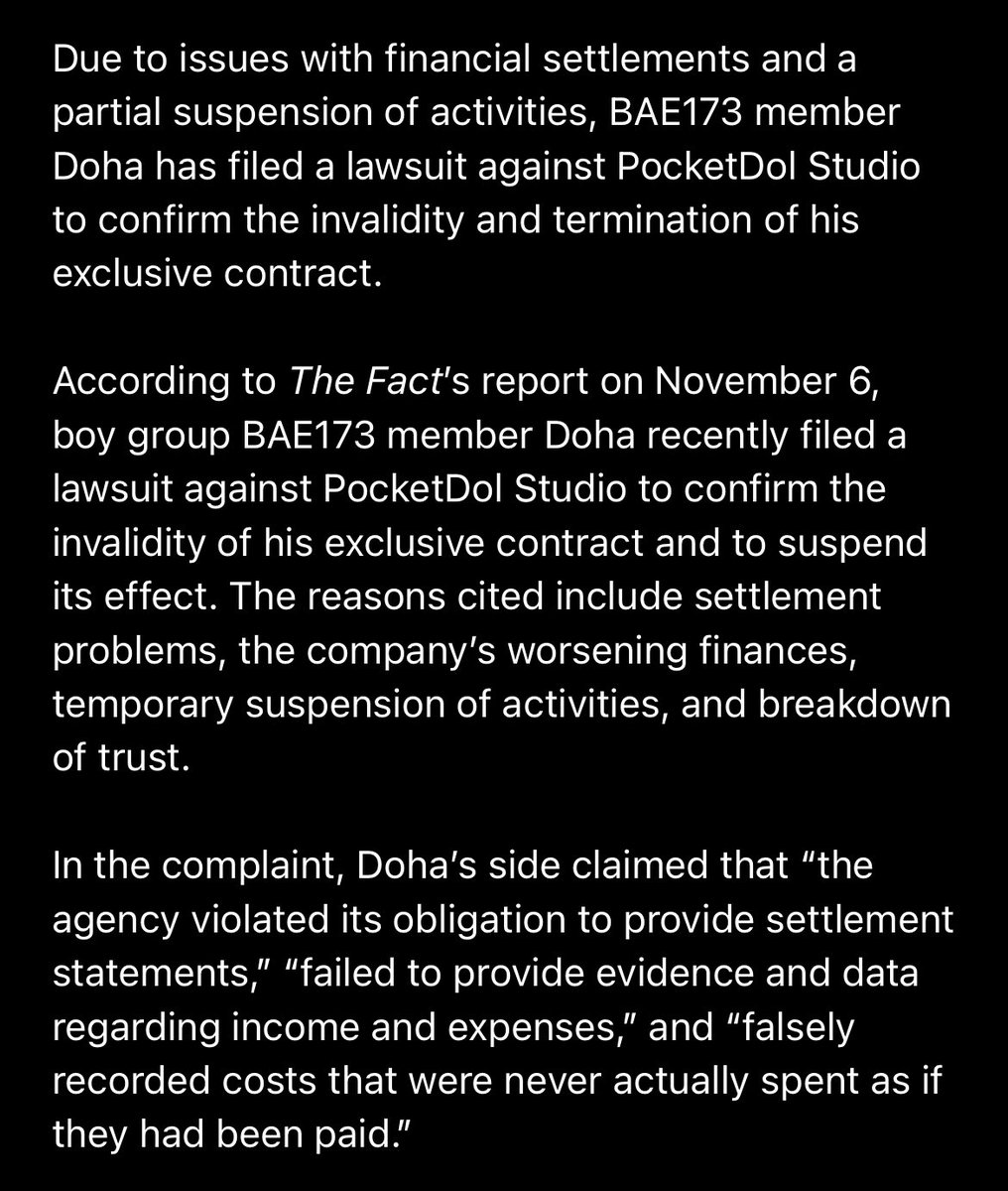 BAEupdates_1119's tweet photo. [Exclusive] #BAE173 Doha Files Lawsuit to Terminate Exclusive Contract with PocketDol Studio… Second Member After Nam Dohyon

🔗: https://t.co/1KmIu5v8TF https://t.co/zeXzvUSurh