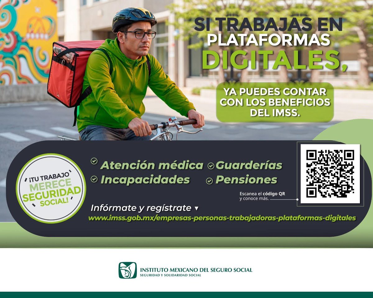 Tu_IMSS's tweet photo. 🚴‍♂️ Si trabajas en plataformas digitales, ya puedes tener los beneficios del #IMSS. ✅

👩‍⚕️ Atención médica.
🤕 Incapacidades.
🏡 Guarderías.
👵 Pensiones.

🔗 Infórmate en: https://t.co/y9o3ixvZBJ https://t.co/wFOJ6DHNqQ