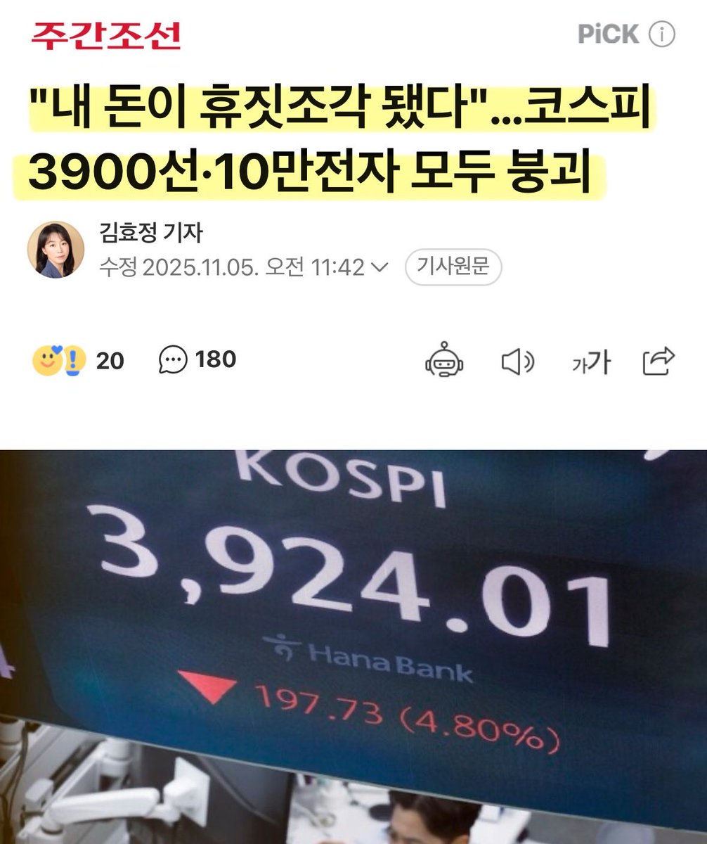 주가가 떨어져서 환호하는 조선일보의 마음이 느껴지는 제목이네..
역시 대한민국 악의 축..
