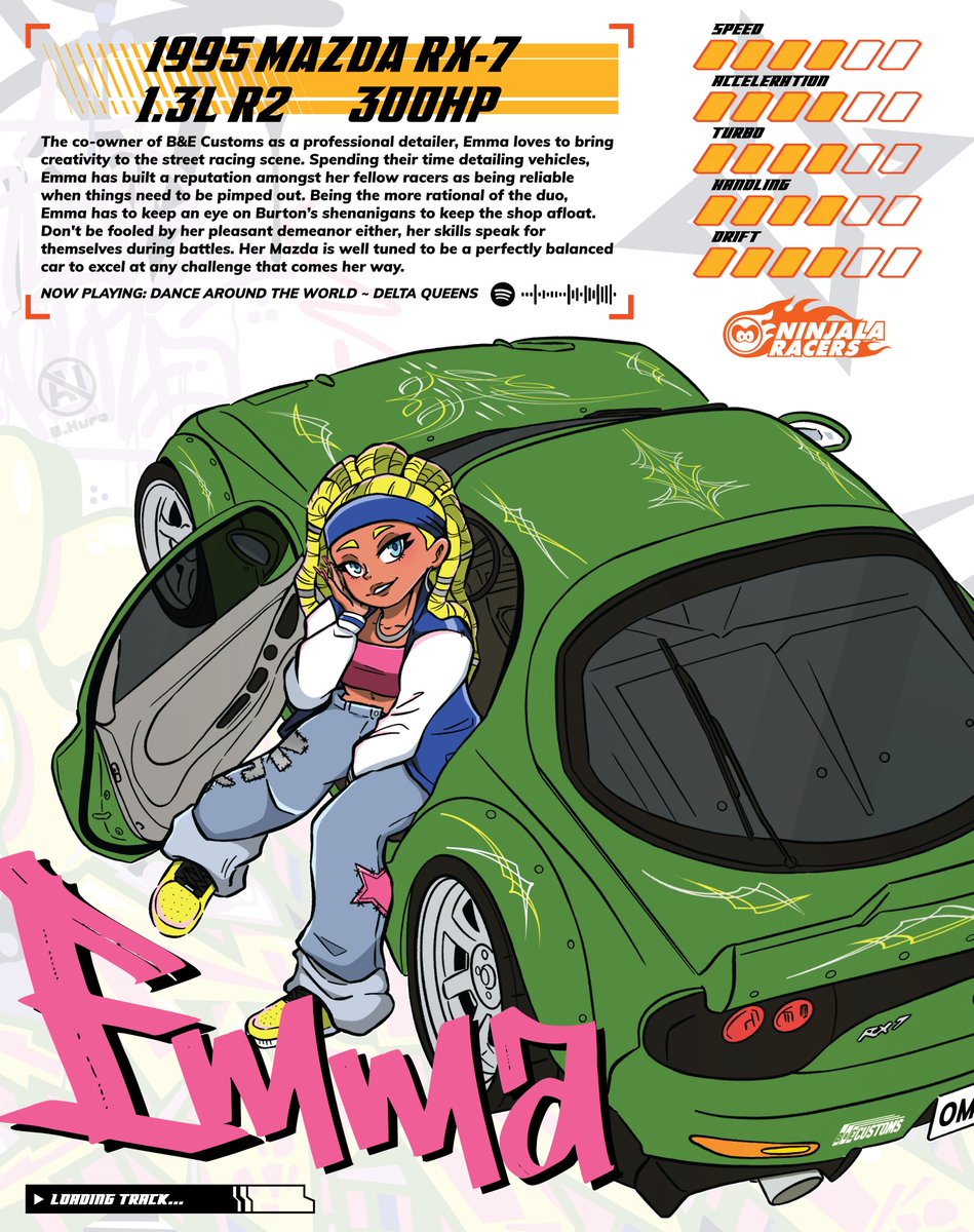 BookerKuro's tweet image. You can&apos;t mention B&amp;amp;E Customs without Emma! Being the co-owner of B&amp;amp;E Customs, she loves pimping out rides. She&apos;s gotta keep a close eye on Burton, there&apos;s no telling what kind of trouble he&apos;d get himself into without her🖌️ 
#NinjalaRacers 
#Ninjala #ニンジャラ #Ninjalaart