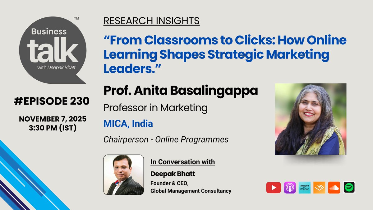 Business Talk is delighted to welcome Dr. Anita Basalingappa, Professor of Marketing and Chairperson of Online Programs <a href="/MICA_Ahmedabad/">MICA</a>. In this episode, she shares insights from her study, "From Classrooms to Clicks: How Online Learning Shapes Strategic Marketing Leaders."