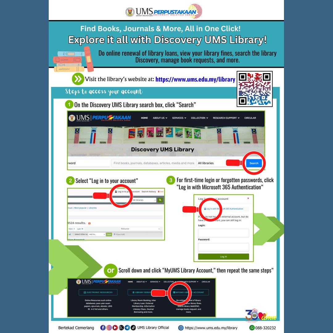 Lib_UMS's tweet image. ✨Explore a world of knowledge with Discovery UMS Library. Access resources, renew loans, and more.

📌If you experience any issues with access, please contact the Library WhatsApp wa.me/6088320232 or email to library_info@ums.edu.my

Happy exploring🤗 

#UMSLibrary